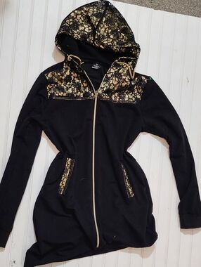 Puma Black Hooded Zip Top with Gold Lace Accents